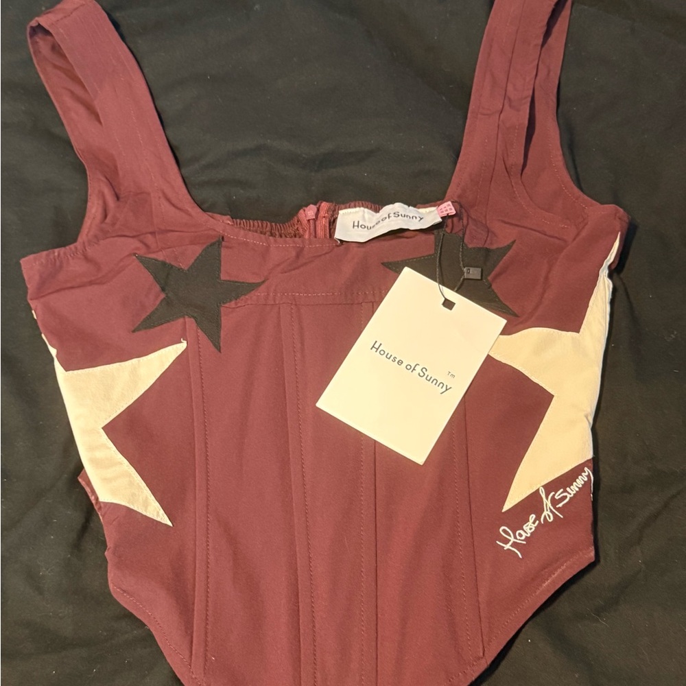 House of Sunny Burgundy Star One-Piece with Cream & Black Accents